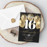 Sweet 16 Birthday Girly Glam Gold Ballon auf Black Einladung<br><div class="desc">"Happy Sweet 16". Schicken Sie diese atemberaubende, einfache, festliche, moderne, personalisierte Party Einladung für eine Veranstaltung, an die Sie sich erinnern können. Fette, grafische, weiße Typografie und handgeschriebene goldene Schriftzeichen überlagern Goldballons und goldene funkelnd Streichlichter auf einem ausgeklügelten, schwarzen Hintergrund. Personalisieren Sie den benutzerdefinierten Text mit dem Namen Ihrer Tochter...</div>