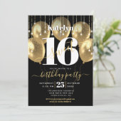 Sweet 16 Birthday Girly Glam Gold Ballon auf Black Einladung (Stehend Vorderseite)