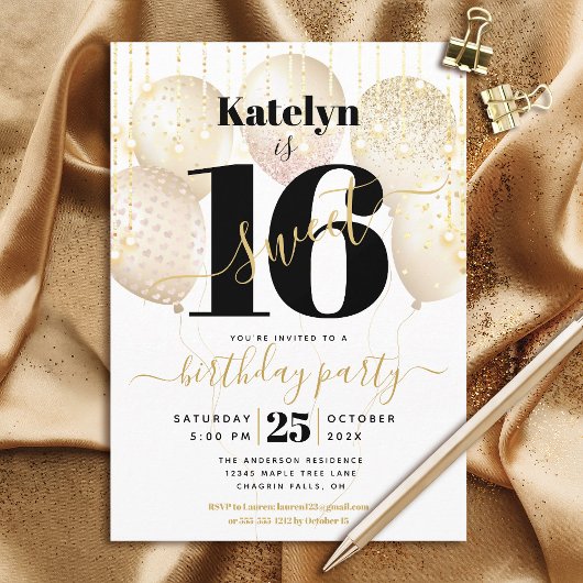 Sweet 16 Birthday Girly Glam Gold Balloons Script Einladung