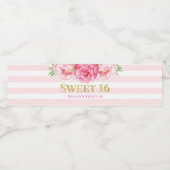 Sweet 16 Birthday Gold Pink Streifen Blume Wasserflaschenetikett (Einzelnes Label)