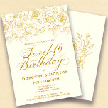Sweet 16 Birthday Gold Rose Floral Ivory White<br><div class="desc">Elegante Rose aus Gold der offenen Linie schaffen den perfekten Rahmen. Der rot-rosa Hintergrund verleiht eine weibliche Ästhetik und die Kalligraphie verleiht der Einrichtung eine luxuriöse Touch. Diese Einladung ist Teil der Luxe Gold Rose Collection. Hier finden Sie Vorlagen für die Geburtstagssuite,  Begrüßungsschilder und Party-Dekorationen.</div>