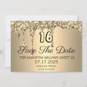 Sweet 16 Birthday Gold Sparkle Glitzer Tropfen Save The Date (Vorderseite)