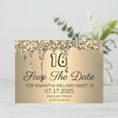 Sweet 16 Birthday Gold Sparkle Glitzer Tropfen Save The Date (Stehend Vorderseite)
