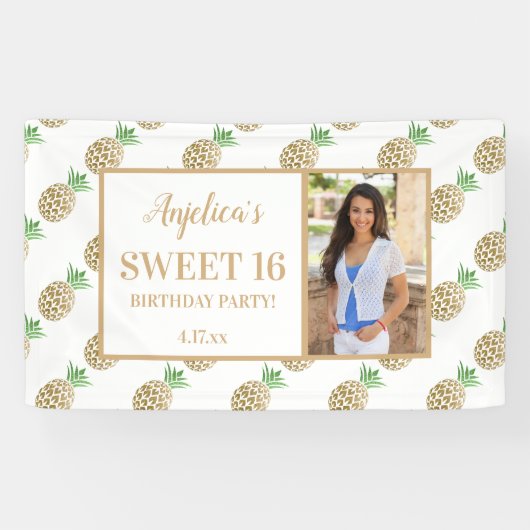 Sweet 16 Birthday Gold Weißes Ananas Foto Banner (Horizontal)