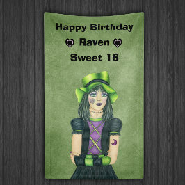 Sweet 16 Birthday Goth Girl Tattoos on Green Banner