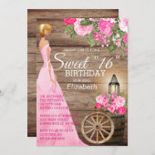 Sweet 16 Birthday - Holzbarrel & Rosa Blume Einladung (Vorne/Hinten)