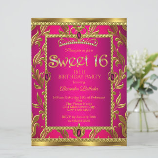 Sweet 16 Birthday Hot Pink Jewel Tiara Gold Einladung