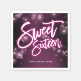 Sweet 16 Birthday Hot Pink Neon Glow Effect Party Serviette