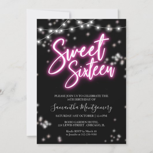 Sweet 16 Birthday Hot Pink Neon Themed Party Einladung (Vorderseite)