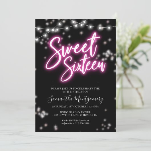Sweet 16 Birthday Hot Pink Neon Themed Party Einladung (Stehend Vorderseite)
