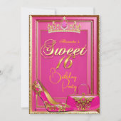 Sweet 16 Birthday Hot Pink Tiara Heel Gold Handbag Einladung (Vorderseite)