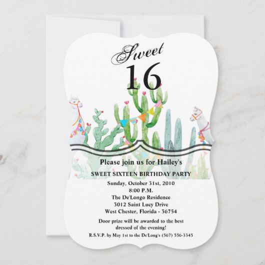 Sweet 16 Birthday Invite Boho Llama Bohemisch Cact Einladung (Vorderseite)