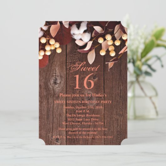 Sweet 16 Birthday Invite Cotton Branch on Dark Woo Einladung (Stehend Vorderseite)