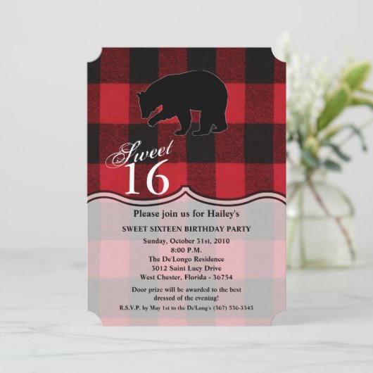 Sweet 16 Birthday Invite Red Buffalo Kariert Bear Einladung (Stehend Vorderseite)