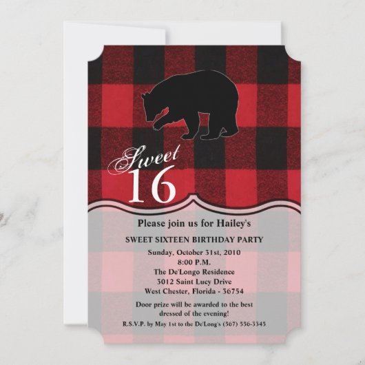 Sweet 16 Birthday Invite Red Buffalo Kariert Bear Einladung (Vorderseite)