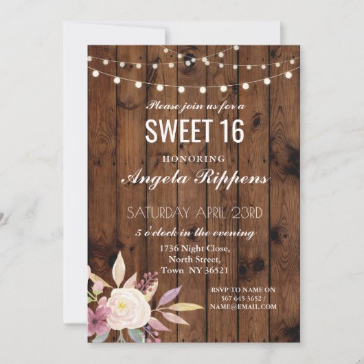 Sweet 16 Birthday Invite Rustic Wood Blume 16. Einladung (Vorderseite)