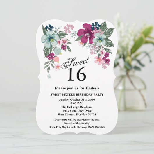 Sweet 16 Birthday Invite Tropical Blume auf Weiß Einladung (Stehend Vorderseite)