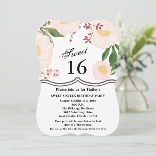 Sweet 16 Birthday Invite White Floral Blume auf W Einladung (Stehend Vorderseite)