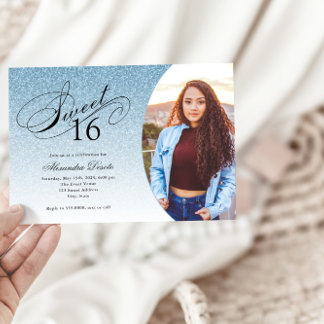 Sweet 16 Birthday Light Blue Glitzer Glam Foto Einladung