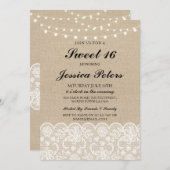 Sweet 16 Birthday Lights Rustic Burlap Lace laden Einladung (Vorne/Hinten)