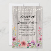 Sweet 16 Birthday Lights Rustic Wood Floral Einlad Einladung (Vorderseite)