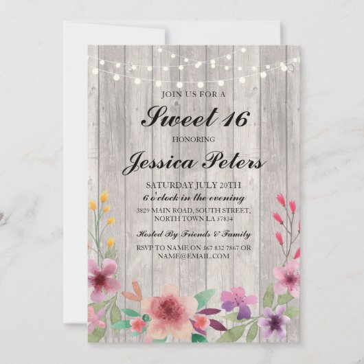 Sweet 16 Birthday Lights Rustic Wood Floral Einlad Einladung (Vorderseite)