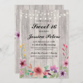 Sweet 16 Birthday Lights Rustic Wood Floral Einlad Einladung (Vorne/Hinten)