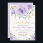 Sweet 16 Birthday Lila Gold Floral 16 . Geburtstag Einladung<br><div class="desc">Dieses feminine Design zeichnet sich durch herrliche lila Aquarellfarben-Rose mit Goldblattakzenten aus</div>