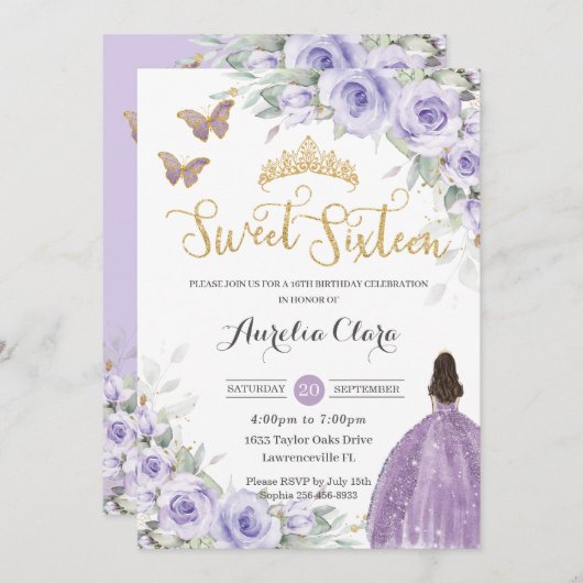 Sweet 16 Birthday Lila Lavendel Floral Princess Einladung (Vorne/Hinten)
