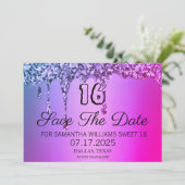 Sweet 16 Birthday Lila Sparkle Glitzer Tropfen Save The Date (Stehend Vorderseite)