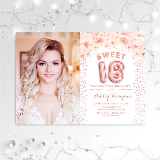 Sweet 16 Birthday mit Foto - Rose Gold Floral Einladung