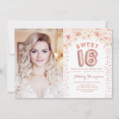 Sweet 16 Birthday mit Foto - Rose Gold Floral Einladung (Vorderseite)