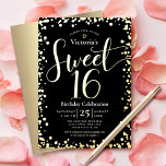 Sweet 16 Birthday Modern Girly Black Real Gold<br><div class="desc">"Happy Sweet 16". Schicken Sie diese atemberaubende, funkelnd, mädchenhafte, festliche, moderne, personalisierte Party Einladung für eine Veranstaltung, an die Sie sich erinnern können. Real gold-Folie Schrift Typografie und Konfetti Overlay einen schwarzen Hintergrund. Auf der Rückseite ist ein gebürstetes Imitat mit goldenem Hintergrund. Personalisieren Sie den benutzerdefinierten Text mit dem Namen...</div>