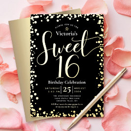 Sweet 16 Birthday Modern Girly Black Real Gold Folieneinladung