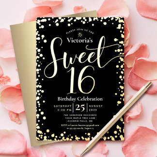 Sweet 16 Birthday Modern Girly Black Real Gold Folieneinladung