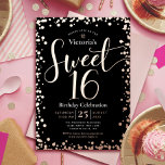 Sweet 16 Birthday Modern Glam Black Real Rose Gold<br><div class="desc">"Happy Sweet 16". Schicken Sie diese atemberaubende, funkelnd, mädchenhafte, festliche, moderne, personalisierte Party Einladung für eine Veranstaltung, an die Sie sich erinnern können. Real Rose Goldfolie Skript Typografie und Konfetti Overlay einen schwarzen Hintergrund. Ein gebürstetes Imitat Rose Goldfolie Hintergrund ist auf der Rückseite. Personalisieren Sie den benutzerdefinierten Text mit dem...</div>