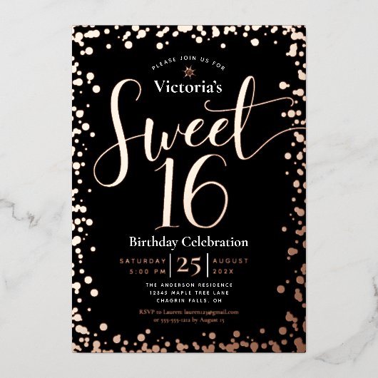 Sweet 16 Birthday Modern Glam Black Real Rose Gold Folieneinladung (Vorderseite)