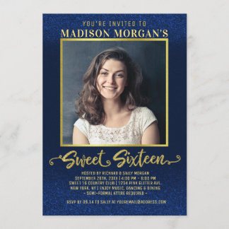 Sweet 16 Birthday Navy Blue Gold Glitzer Foto Einladung