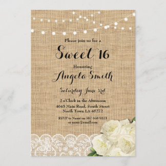 Sweet 16 Birthday Party Burlap Lace Rose laden Einladung