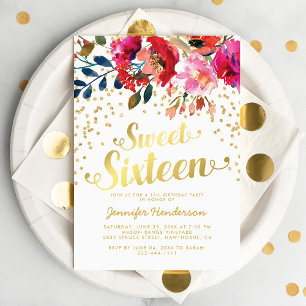 Sweet 16 Birthday Party Floral Gold Glitzer Einladung