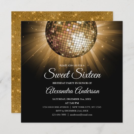 Sweet 16 Birthday Party Gold Disco Ball Einladung (Vorne/Hinten)