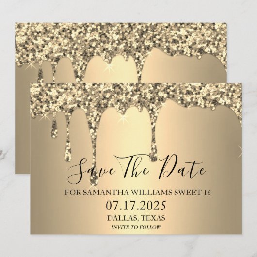 Sweet 16 Birthday Party Gold Sparkle Glitzer Tropf Save The Date (Vorne/Hinten)