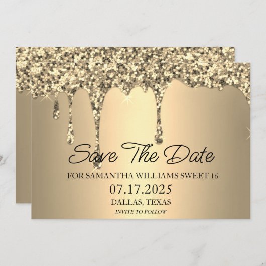 Sweet 16 Birthday Party Gold Sparkle Glitzer Tropf Save The Date (Vorne/Hinten)