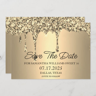 Sweet 16 Birthday Party Gold Sparkle Glitzer Tropf Save The Date