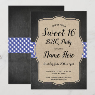 Sweet 16 Birthday Party GRILLEN Blue Gingham Burla Einladung