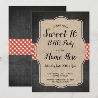Sweet 16 Birthday Party GRILLEN Red Gingham Burlap Einladung