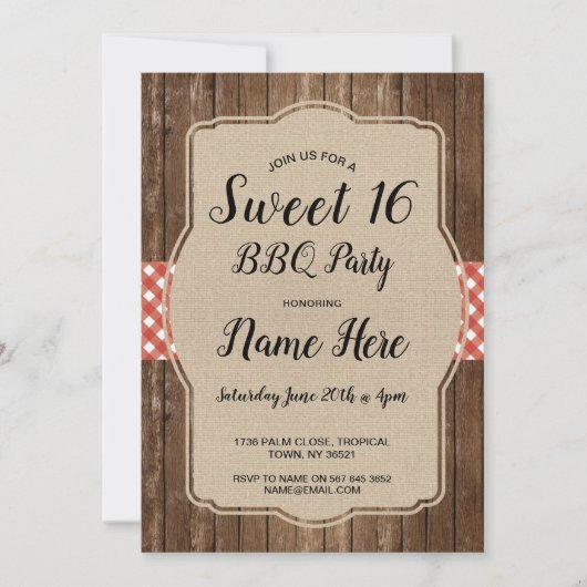 Sweet 16 Birthday Party GRILLEN Red Gingham Burlap Einladung (Vorderseite)