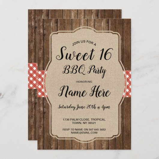 Sweet 16 Birthday Party GRILLEN Red Gingham Burlap Einladung (Vorne/Hinten)