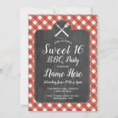 Sweet 16 Birthday Party GRILLEN Red Gingham Chalk Einladung (Vorderseite)