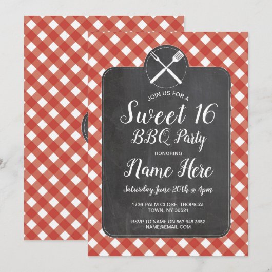 Sweet 16 Birthday Party GRILLEN Red Gingham Chalk Einladung (Vorne/Hinten)